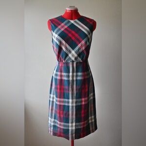 Anne Klein Sleeveless A-Line Dress Crew Neck Checkered Pattern Cotton Linen